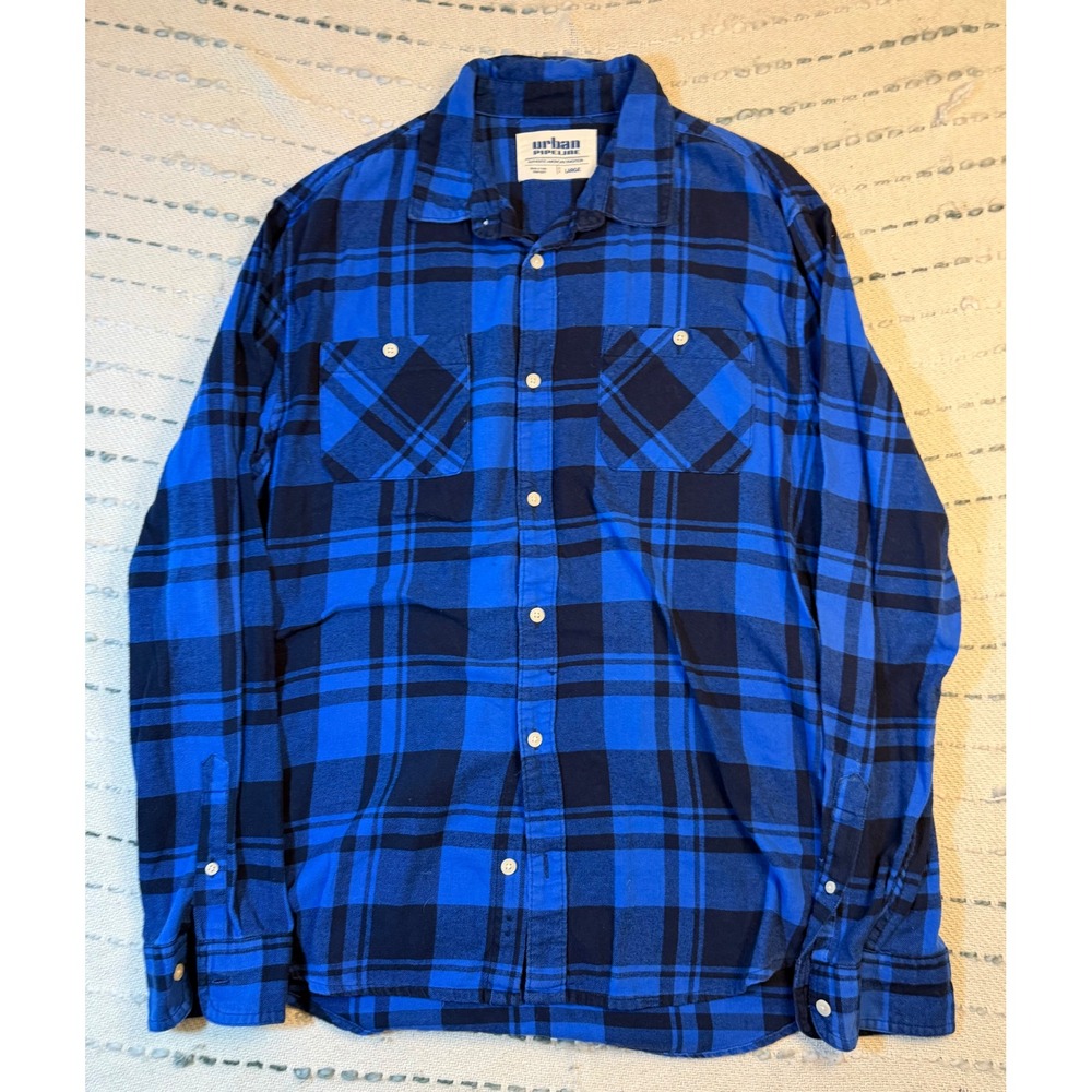 Urban Pipeline Mens Large Blue Black Plaid Flannel Button Down Shirt Long Sleeve